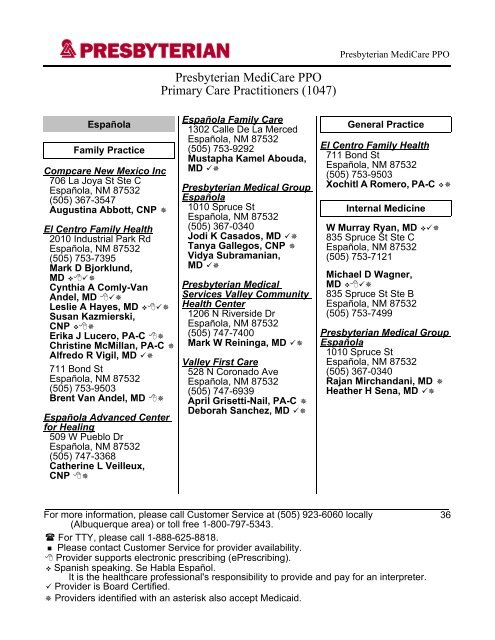 Presbyterian MediCare PPO 2013 Provider Directory