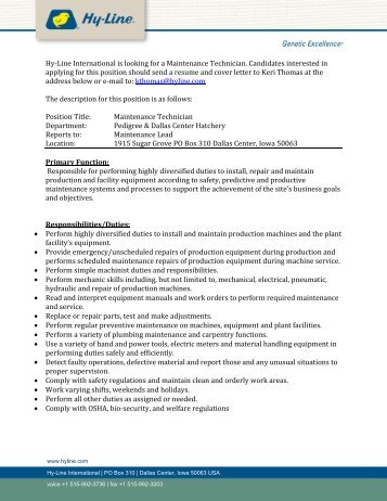 Hy-Line International is looking for a Maintenance Technician ...