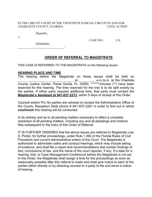 order of referral to magistrate - 20th Judicial Circuit Florida