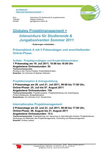Globales Projektmanagement + Intensivkurs fÃƒÂ¼r ... - ZEWK - TU Berlin