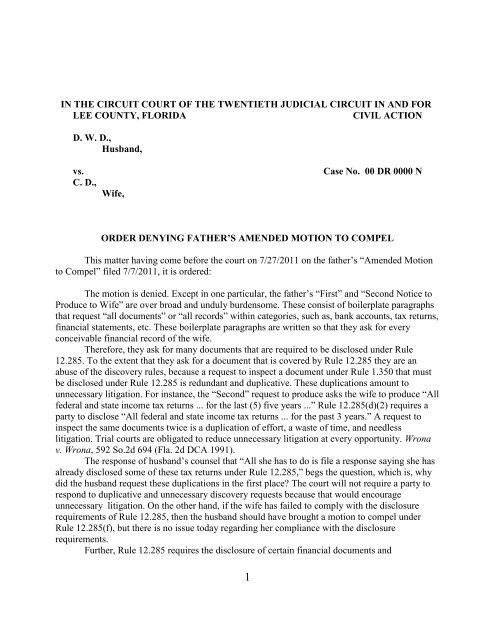 D v D FLW5 Order (PDF) - 20th Judicial Circuit Florida