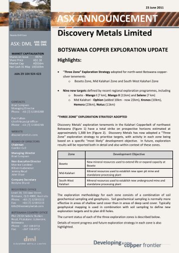 Botswana Copper Exploration Update - Discovery Metals Limited