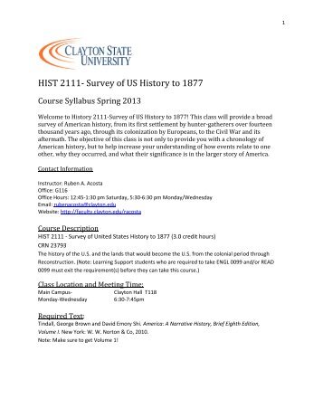 Survey of US History to 1877 - Faculty > Home - Clayton State ...