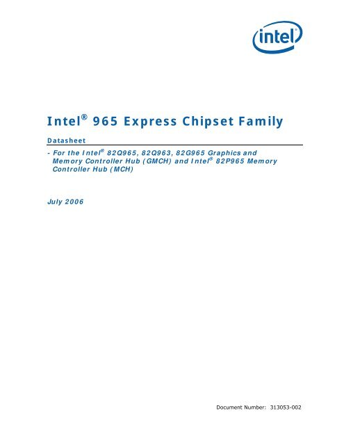 Intel R 965 Express Chipset Family Driver Intel® 965 Express Chipset Family Datasheet