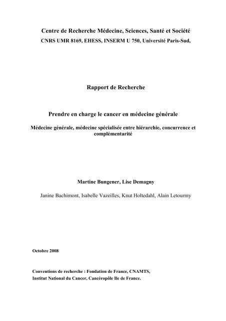 Rapport de Recherche Prendre en charge le cancer en mÃ©decine ...