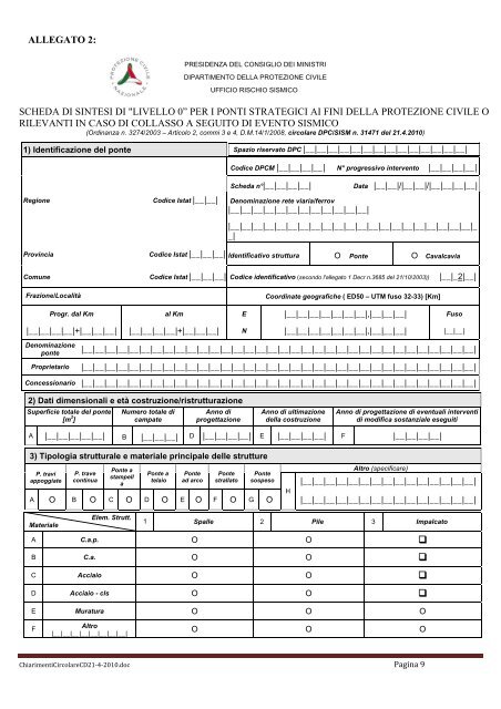 Scheda di sintesi di "livello 0 - Dipartimento della Protezione Civile