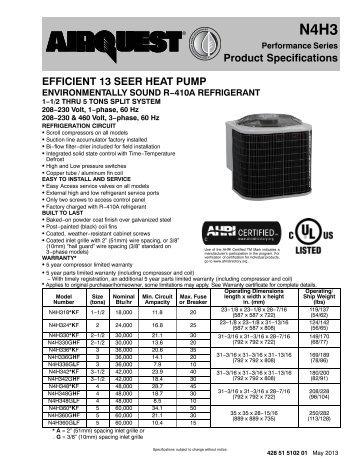 N4H3 1 & 3 phase 13 SEER R-410A Specifications - Documents ...