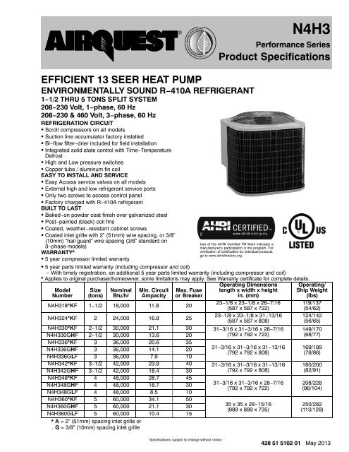 N4H3 1 & 3 phase 13 SEER R-410A Specifications - Documents ...
