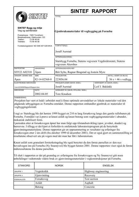 SINTEF RAPPORT - Statsbygg