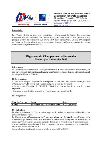 RÃ¨glement championnat de France des monotypes 2005 - FFVoile.fr