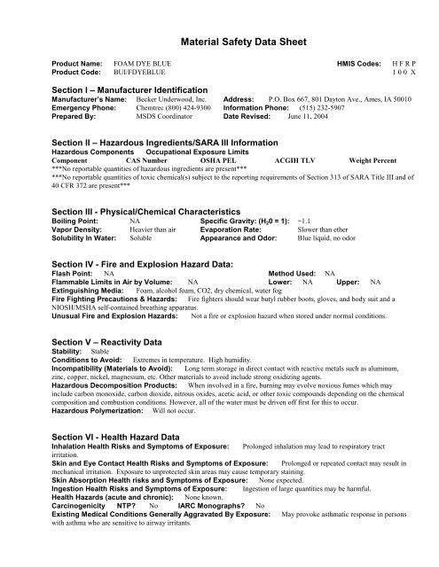 Foam Dye Blue Msds Becker Underwood