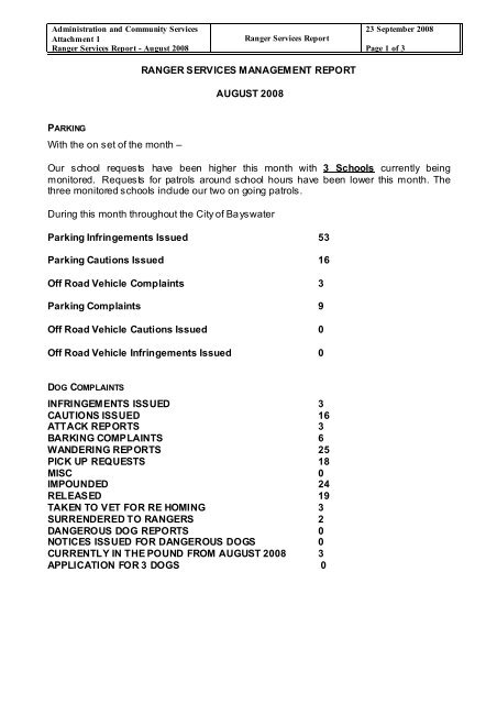 Ranger Services Report City Of Bayswater