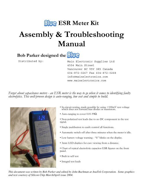 Assembly & Troubleshooting Manual - Main Electronics