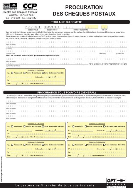 PROCURATION DES CHEQUES POSTAUX - OPT