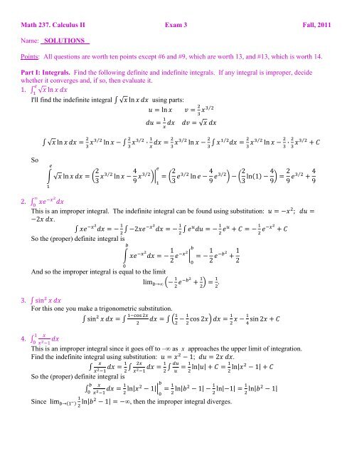 Math 237 â Exam 3 w Solutions (2011) â Calculus