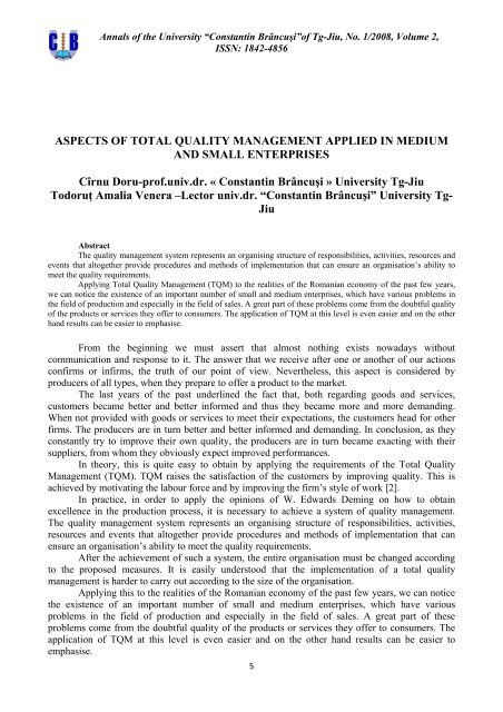 Aspects Of Total Quality Management Applied In