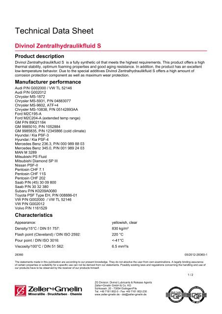 Divinol Zentralhydraulikfluid S - Zeller+Gmelin GmbH