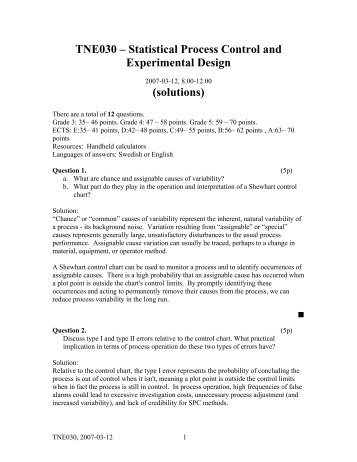 TNE030 Ã¢Â€Â“ Statistical Process Control and Experimental Design
