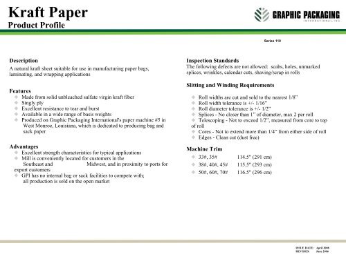 Kraft Paper Specifications - Graphic Packaging