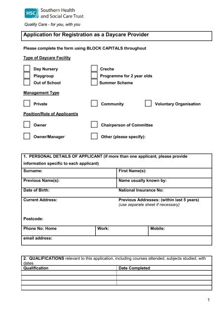 Daycare Provider Registration Form Southern Health And Social