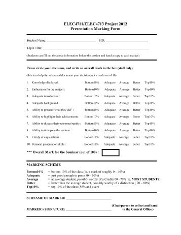 ELEC4711/ELEC4713 Project 2012 Presentation Marking Form