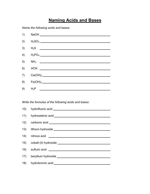 Naming Acids and Bases Worksheet