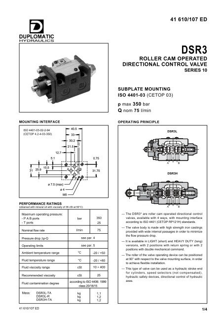 41 610 107 Ed Roller Cam Operated Directional Control Valve Famco