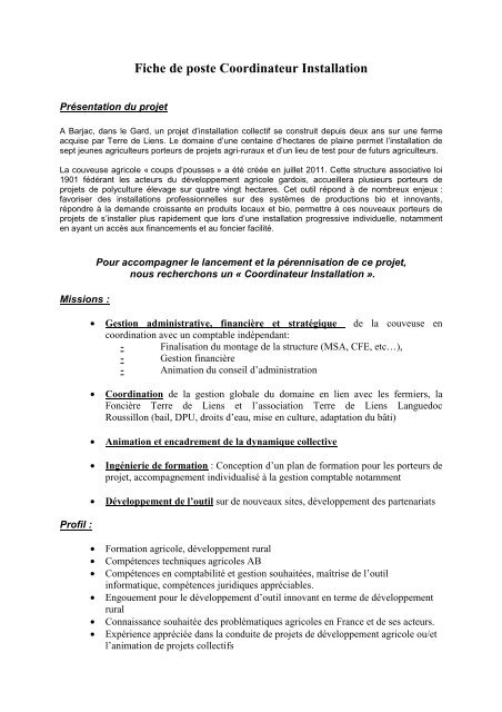 Fiche de poste Coordinateur Installation - Agriculture paysanne