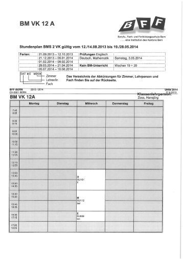 Stundenplan Vorkurs BMS 2, VK 12, Schuljahr 2013/14 - BFF Bern