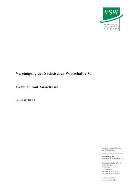 Vereinigung der SÃ¤chsischen Wirtschaft eV Gremien und AusschÃ¼sse