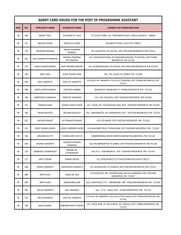 admit card issued for the post of programme assistant