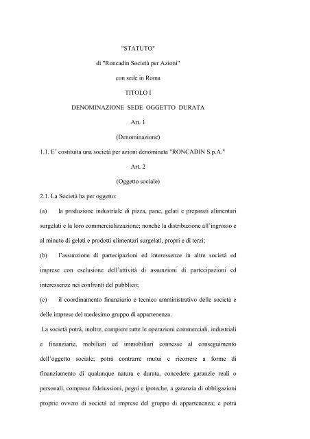 "STATUTO" di "Roncadin SocietÃ  per Azioni" con ... - Gruppo Arena