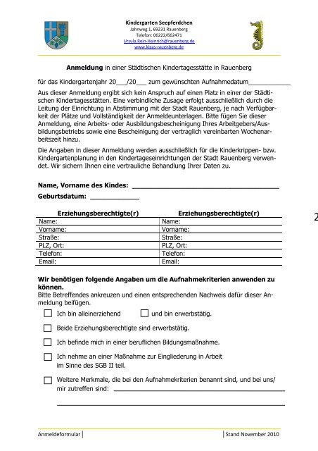 Anmeldebogen Kindergarten Seepferdchen - Stadt Rauenberg