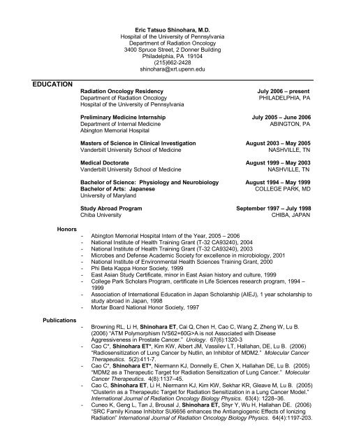 CV Shinohara - Department of Radiation Oncology - University of ...