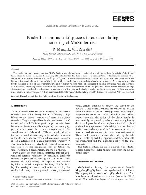 Binder burnout-material-process interaction during sintering of MnZn ...