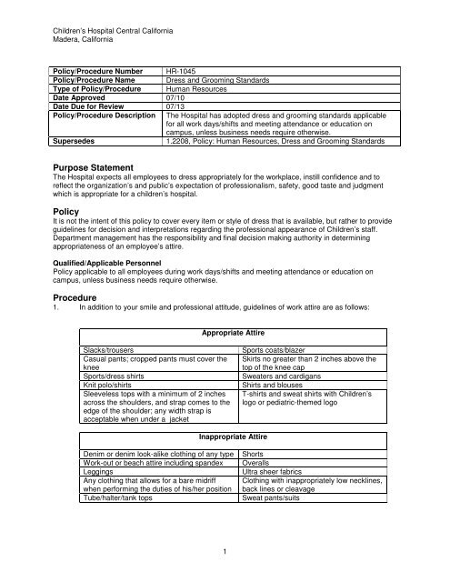 Dress and Grooming Standards - Children's Hospital Central ...