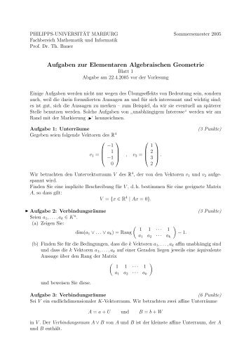 Aufgaben zur Elementaren Algebraischen Geometrie - Fachbereich ...