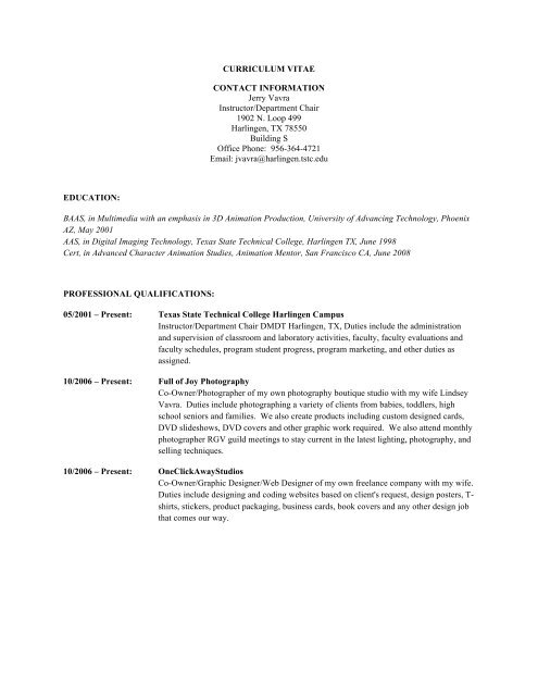 Curriculum Vitae Texas State Technical College Harlingen