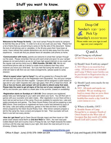 Camp Presqu'ile Information Sheet - Owen Sound And Area Family ...