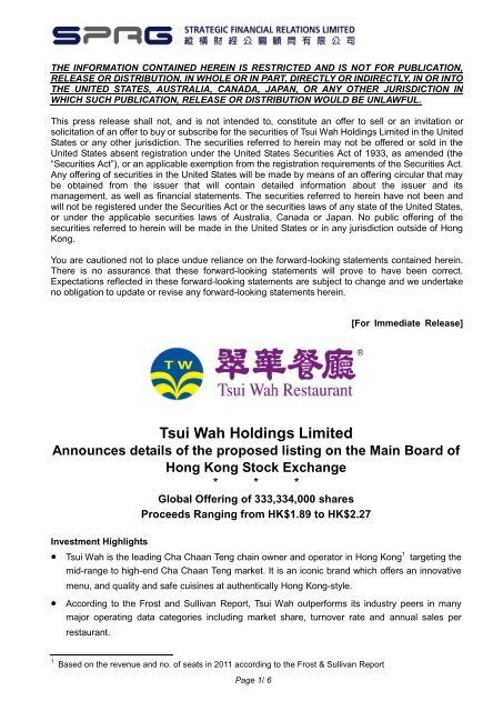 Tsui Wah Holdings Limited Announces details of the