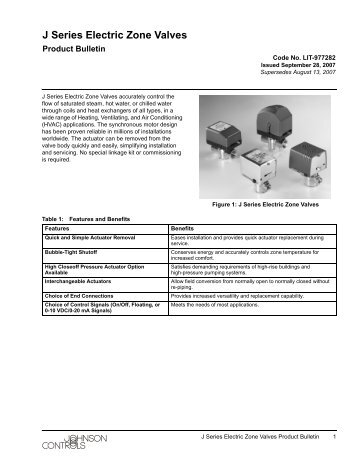 J Series Electric Zone Valves Product Bulletin - Johnson Controls