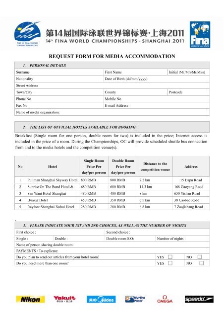 REQUEST FORM FOR MEDIA ACCOMMODATION