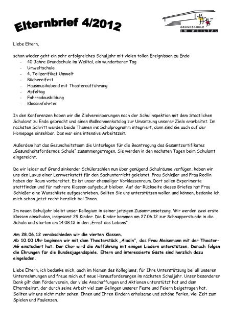 Liebe Eltern Schon Wieder Geht Ein Sehr Erfolgreiches Schuljahr