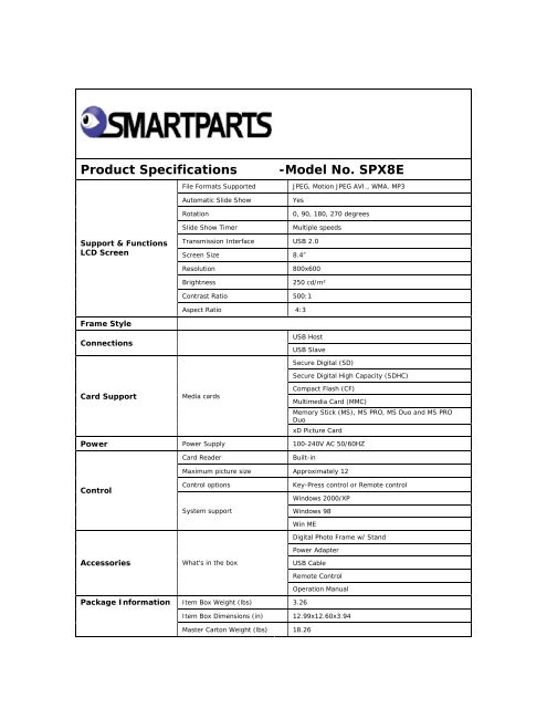 Product Specifications -Model No. SPX8E - Smartparts