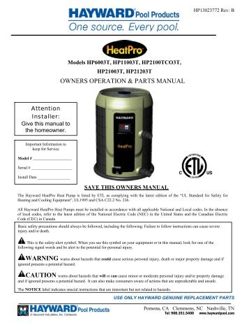 Hayward HeatPro™ - Owners Operation & Parts Manual