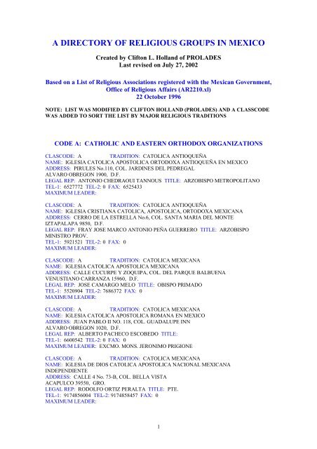 A DIRECTORY OF RELIGIOUS GROUPS IN MEXICO A DIRECTORY OF RELIGIOUS GROUPS IN MEXICO