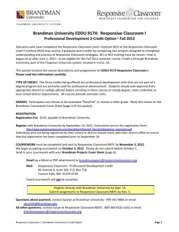Brandman University EDDU 9174: Responsive Classroom I