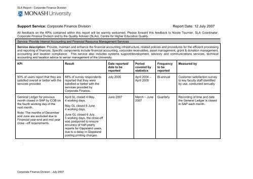 Corporate Finance SLA - KPIs April 2005 - Adm.monash.edu