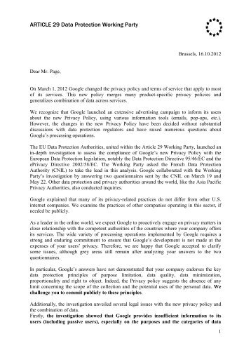 Letter from Article 29 Data Protection Working Party to Google