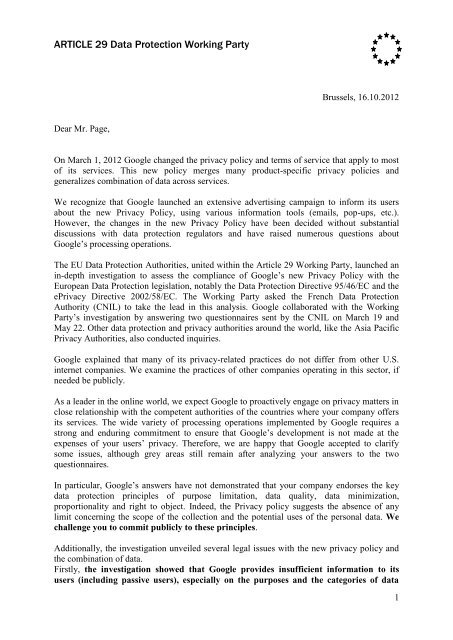 Letter from Article 29 Data Protection Working Party to Google